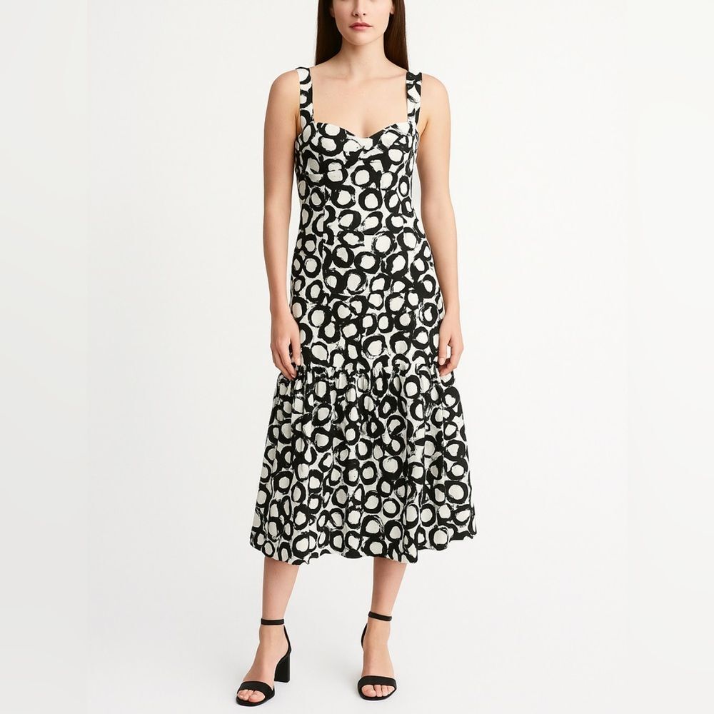 Rickie Freeman Teri Jon Abstract Circle Print Fit Flare Midi Dress 6 Cotton